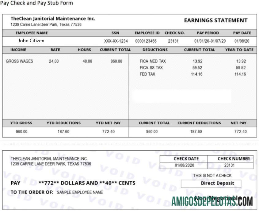 US THE CLEAN Janitorial Maintenance Inc Recibo de pagamento em formatos Word e PDF amostra